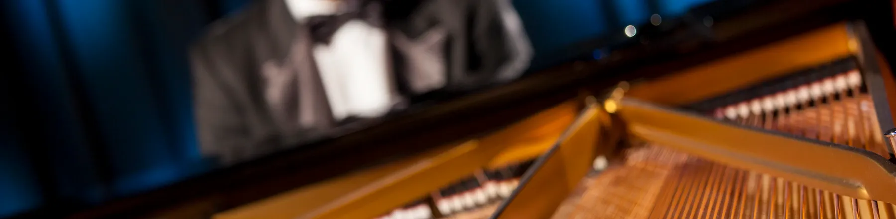 Blick in das Innere eines Klaviers mit Fokus auf die goldenen Saiten und den Rahmen; im Hintergrund ist verschwommen ein Pianist im Smoking zu erkennen.